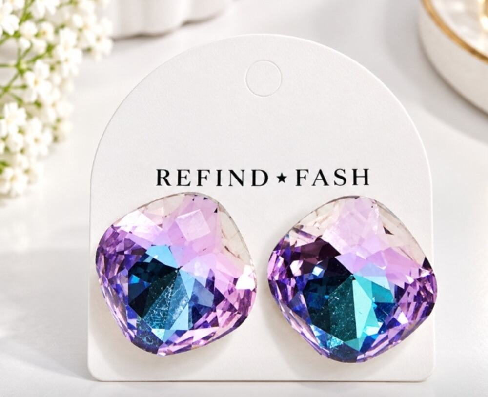 Silver Post Cushion Cut Purple Blue AB Stone Post Earrings